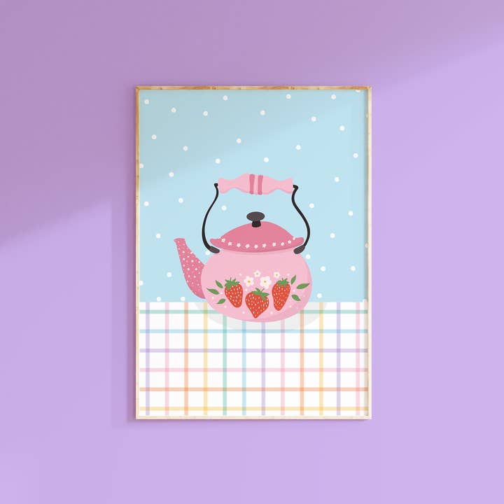 Kettle Print | Cute Blue and Pink Kitchen Wall Art for wholesale by The Happy Badger