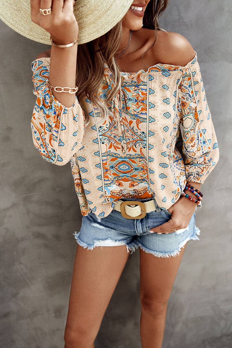 Supreme Fashion - Wholesale Blouse - Women's - Boho Print Off Shoulder Long Sleeve Knot Front Blouse3