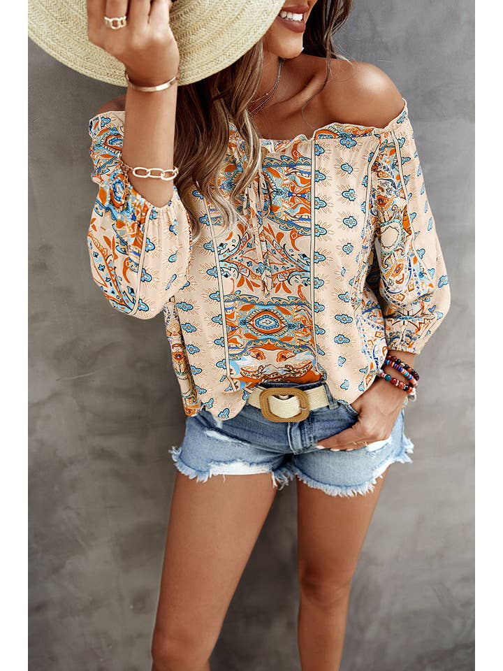 Supreme Fashion - Wholesale Blouse - Women's - Boho Print Off Shoulder Long Sleeve Knot Front Blouse3