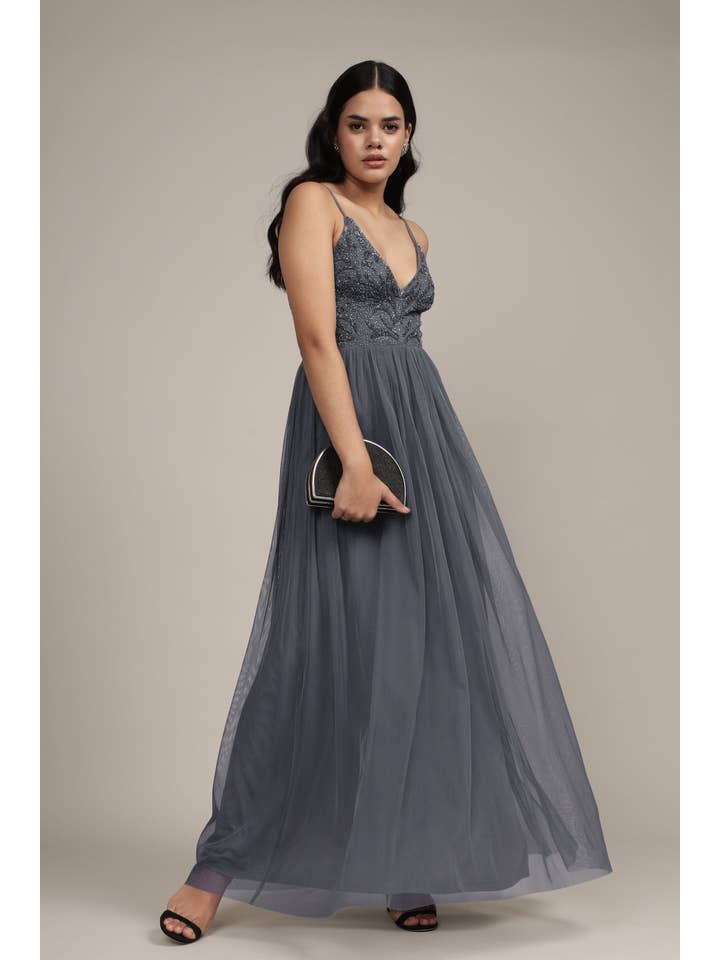 Seraphina Embellished Maxi Dress in Grey for wholesale on Faire