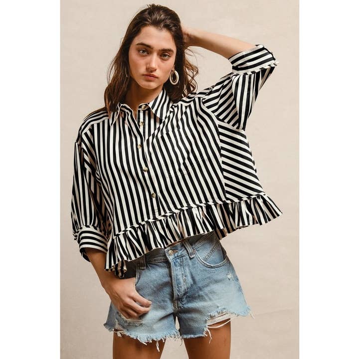 IVE - Wholesale Knit Top - Women's - STRIPE WOVEN RUFFLED HEM BUTTON UP SHIRT