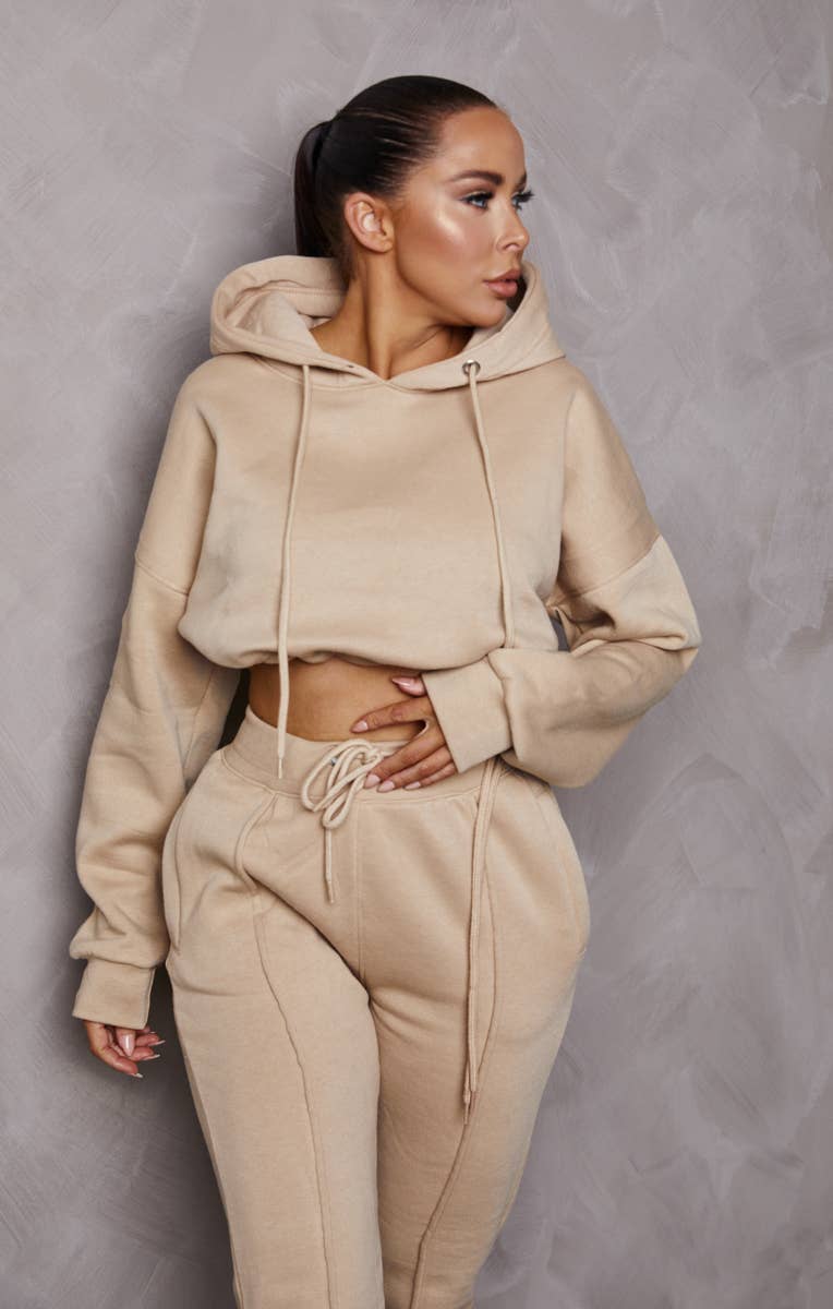 Femme Luxe – wholesale Lounge set – Women's – Mink Boxy Cropped Hoodie Cuffed Joggers Loungewear1