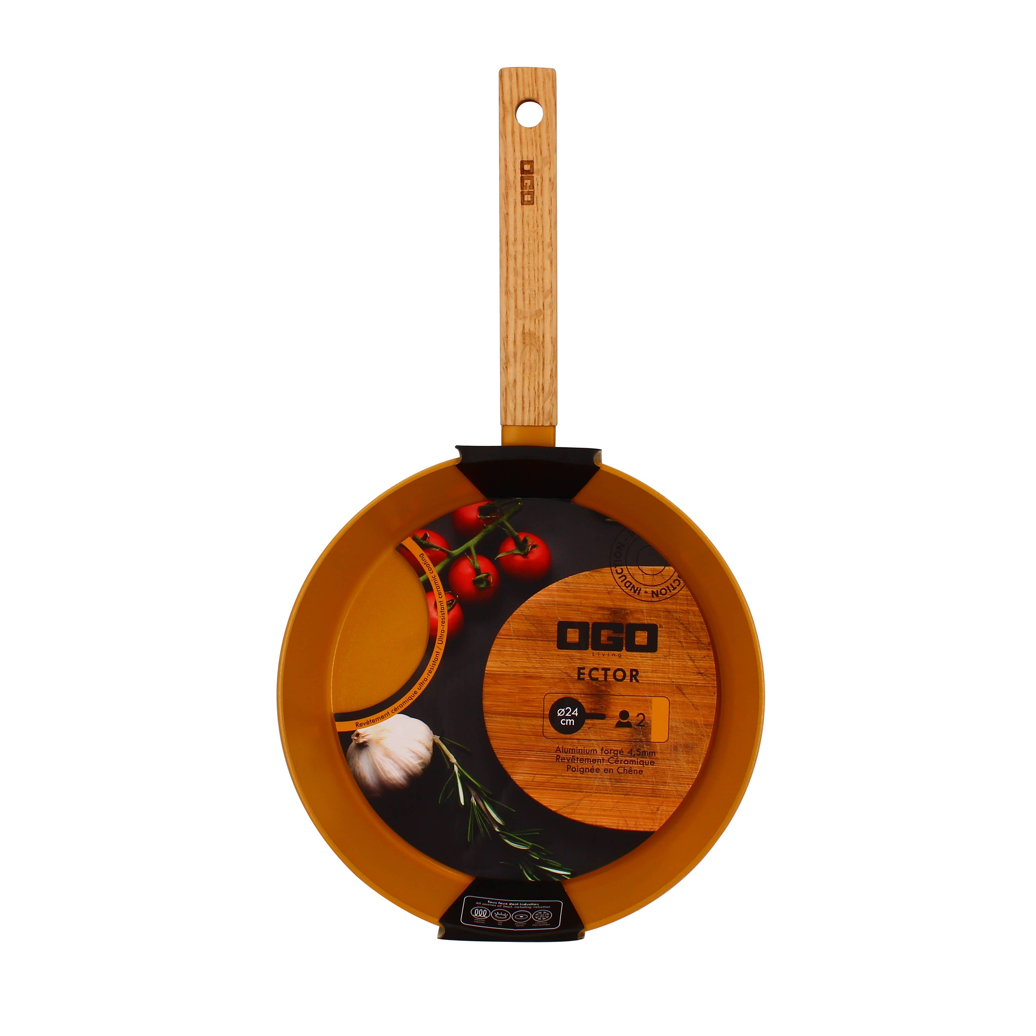 Ogo living - Vendita all'ingrosso Padelle - Padella ector da 24 cm in alluminio giallo con manico in legno6