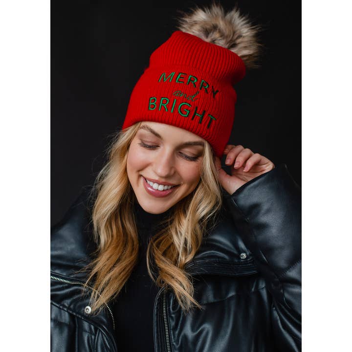 Panache Apparel Co. - Wholesale Beanie - Women's - Red Merry & Bright Knit Pom Hat