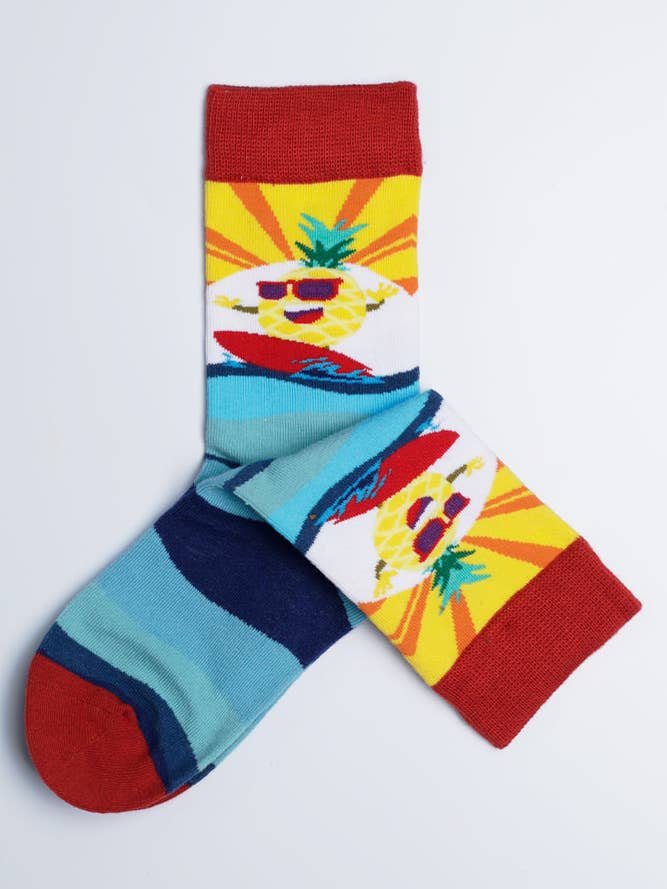Kids Big Wave Surfing Pineapple Crew Socks for wholesale by Just Fun Socks
