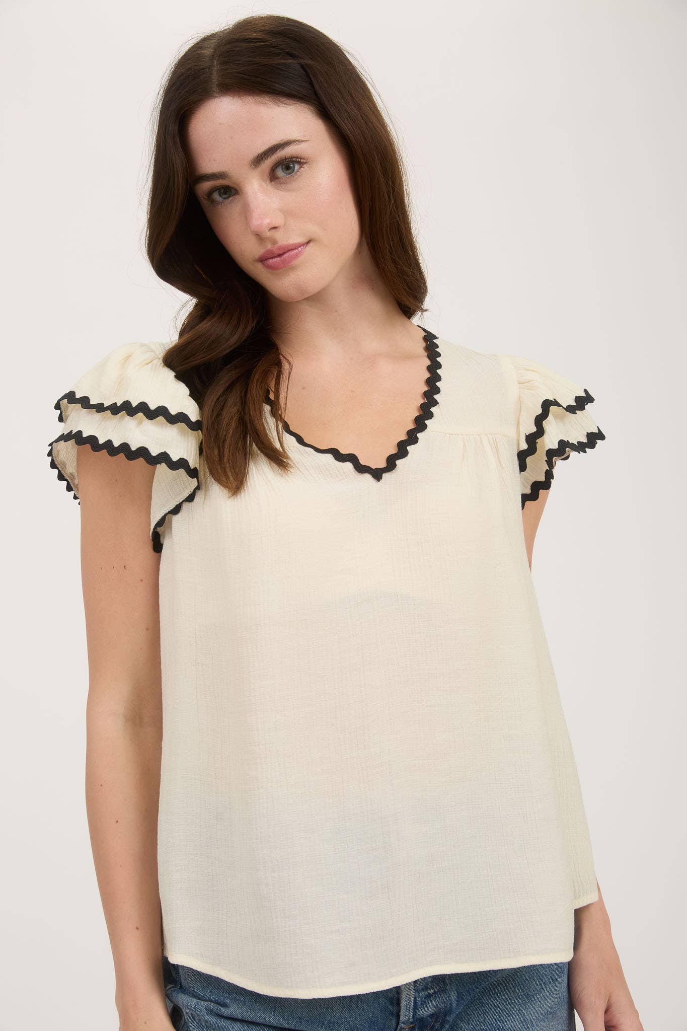 MINE - Wholesale Blouse - Women's - V NECK WAVY TRIM RUFFLE SLEEVE TOP