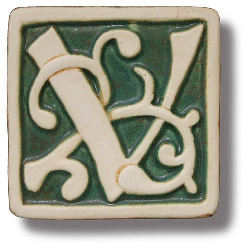 Buchstabe V-Kachel, William Morris-Stil, 4x4" für den Großhandel von Whistling Frog Tile Inc.