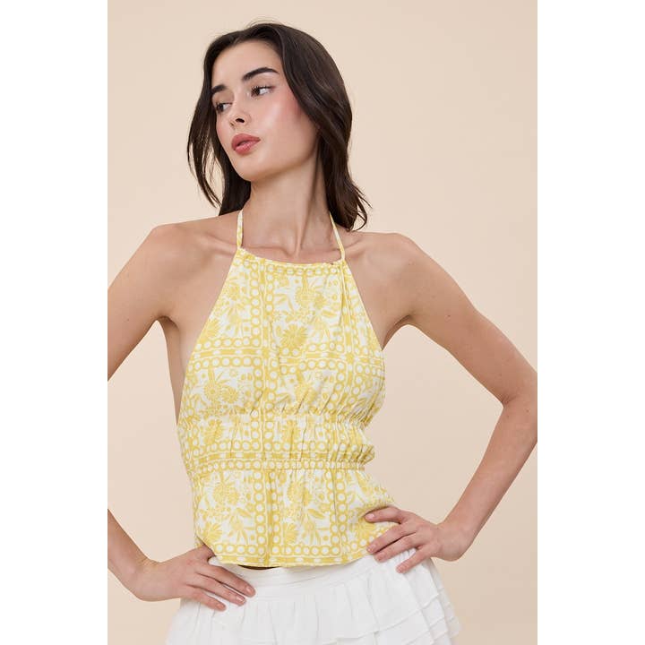 VINTAGE FLORAL HALTER TIE BACKLESS TIERED TOP for wholesale by Sky to Moon
