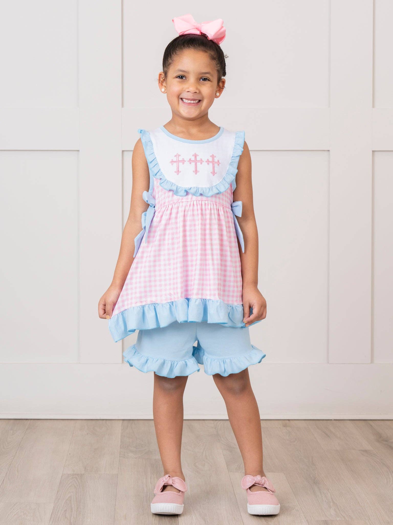 Marie Nicole Clothing - Wholesale Top & Short Set - Kids - Blue & Pink Gingham Cross Ruffle Outfit3