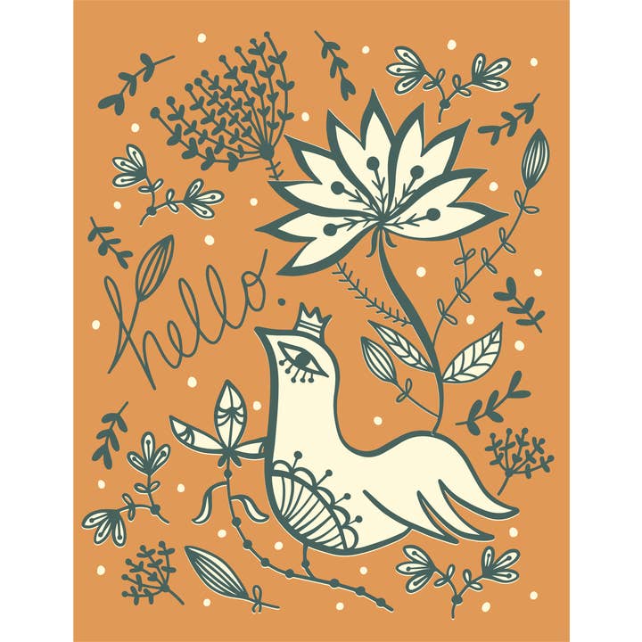 Amicreative - Wholesale Everyday Greeting Card - Hello Bird – Block Print Floral Everyday Greeting Card1