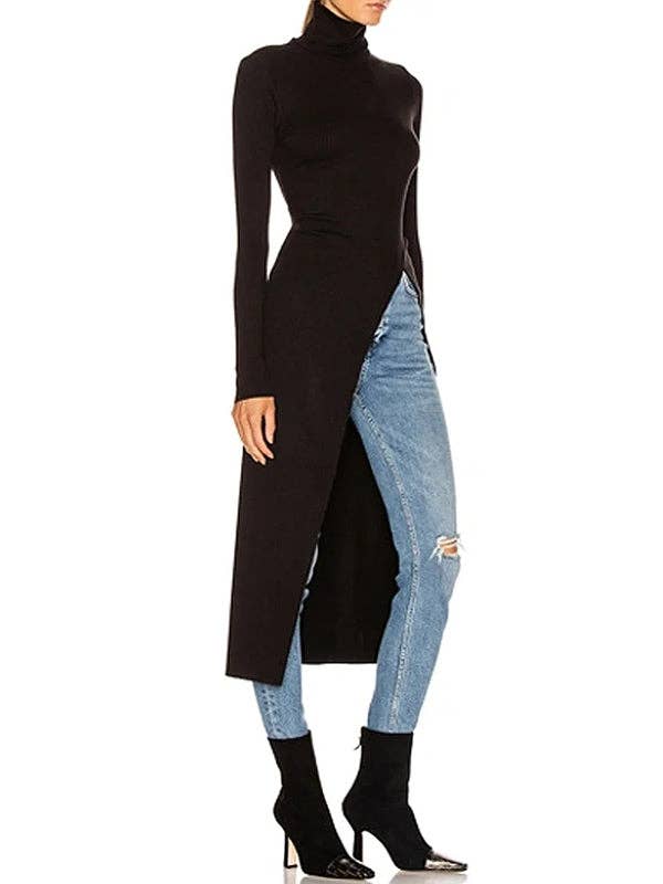 FurDecoration – Großhandel T-Shirt – Damen – Einfarbiges Skinny-Fit-T-Shirt mit hohem Kragen und geteilten Seiten2