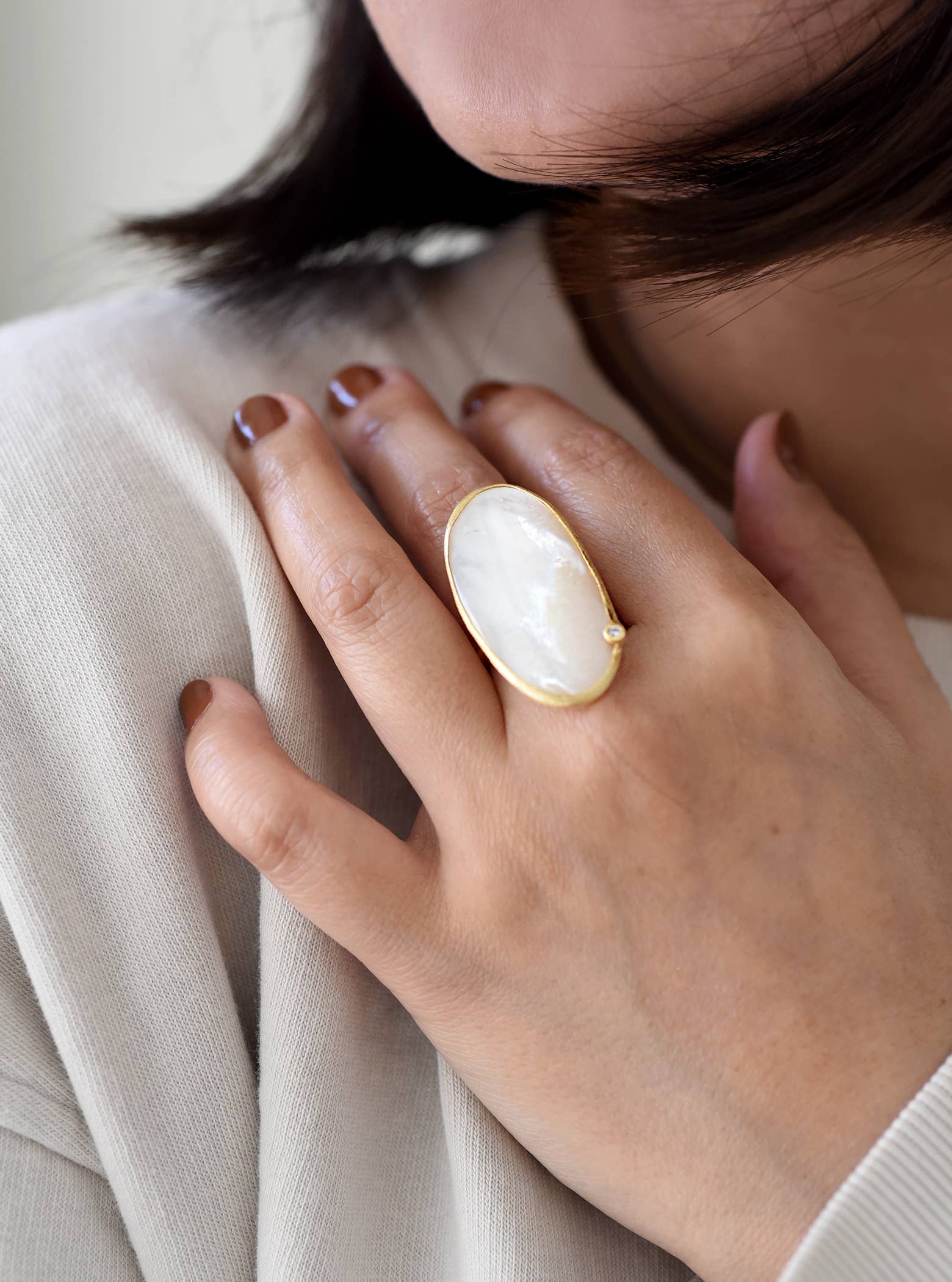 FELIX Z DESIGNS - Wholesale Cocktail/Statement Ring - Large Oval Mother of Pearl Ring, Adjustable size. 925 Silver1