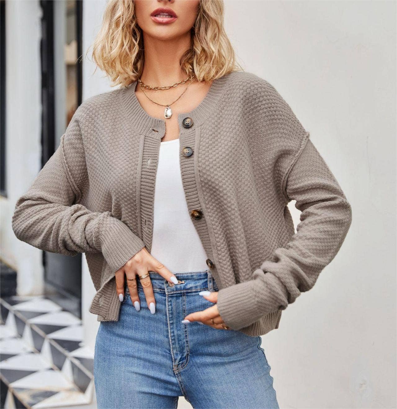 HIDDENBRAND - Wholesale Cardigan - Women's - Vintage Single-Breasted Button-Knit Cardigan6