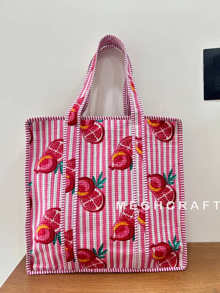 Pomegranate Print Cotton Quilted Tote Bag Market Bag for wholesale by Meghcraft