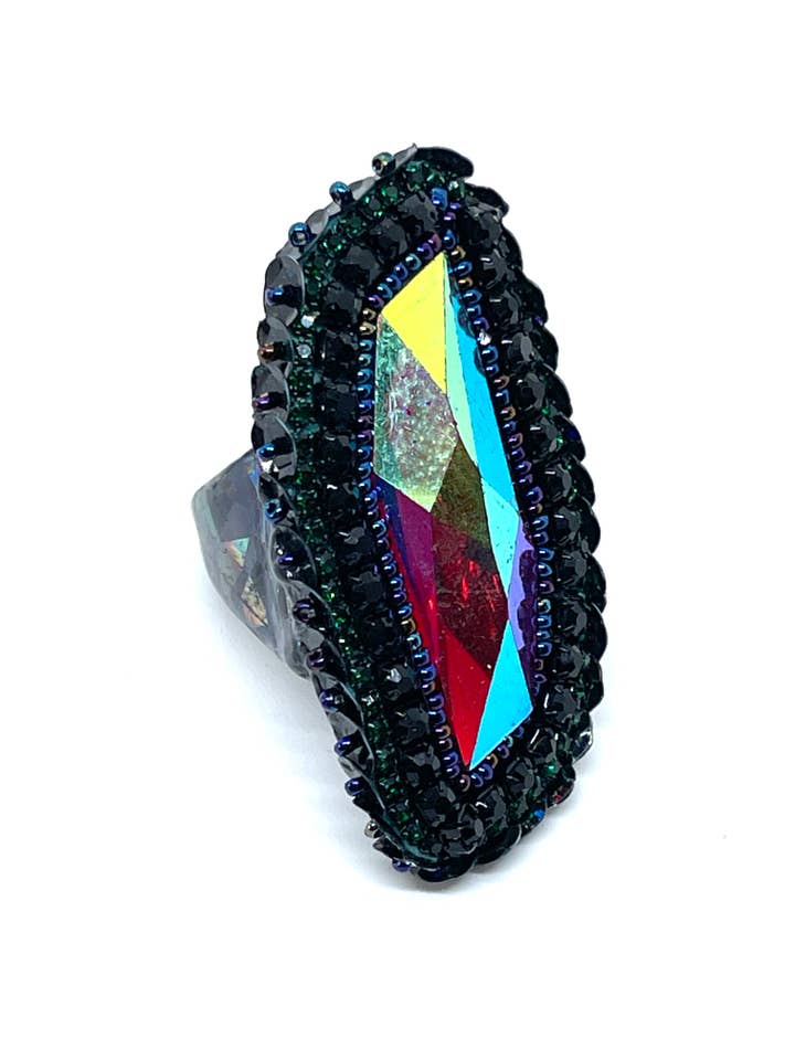 Hand Beaded Resin Color Shifting Cocktail Ring in Black for wholesale by Dara Ettinger