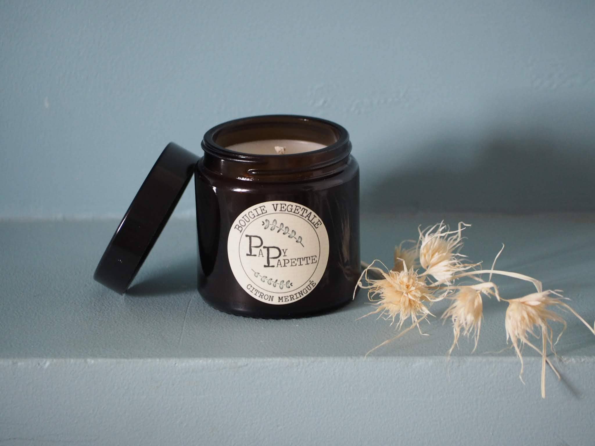 PAPY PAPETTE - Vente Bougie en bocal - BOUGIE VEGETALE - CITRON MERINGUE Couvercle noir