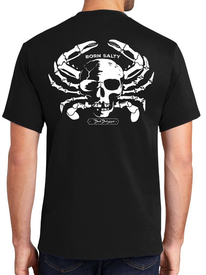Men's Born Salty Skull Crab Short Sleeve Black Cotton T-Shirt for wholesale by David Dunleavy