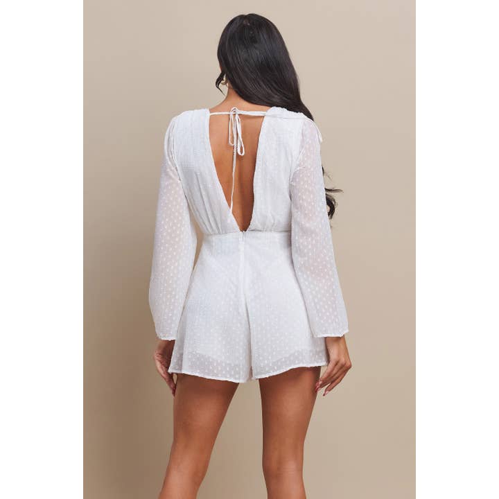 The Sang - Wholesale Romper - Women's - BELL SLEEVES WITH FEATHER TRIM DEEP V NECK ROMPER
