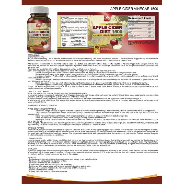 Totally Products - Wholesale Oral Supplement/Vitamin - Apple Cider Vinegar Diet Capsule 1500 (60 capsules)