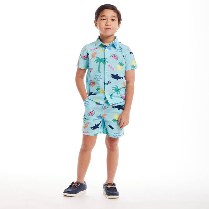 Light Blue Kids (2-7) Fun Print Buttondown Set | Tropical Adventure for wholesale on Faire