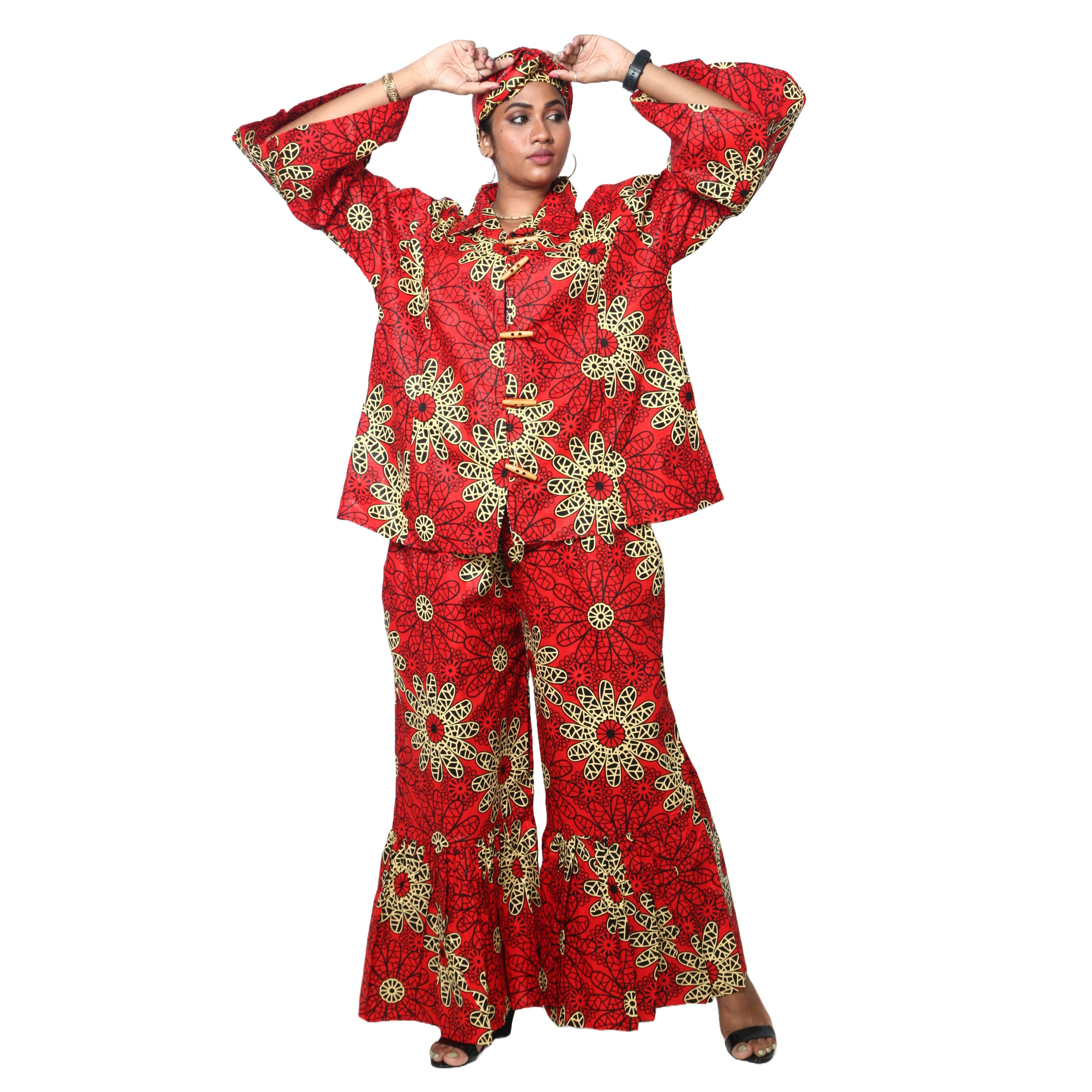 African Stars - Vente Ensemble haut et pantalon (PAS d'intérieur) - Femme - Ensemble Chemisier Femme et Pantalon Palazzo -- Imprimé FI-405022