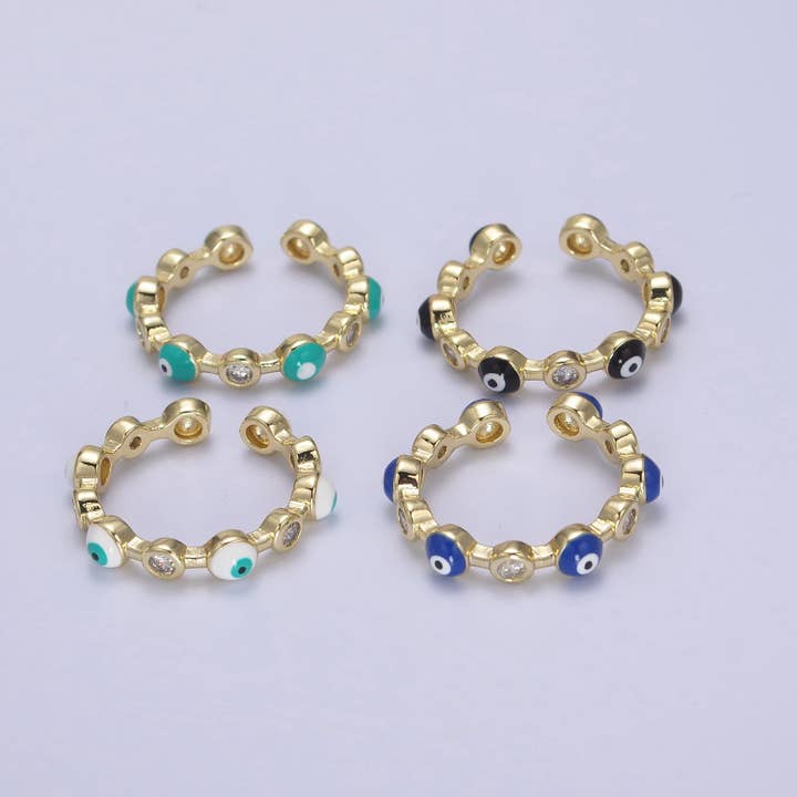 Aim Eternal - Wholesale Multi-Stone Ring - White, Teal, Blue, Black Round Evil Eye Enamel Clear CZ Stackable Ring | U073 - U076