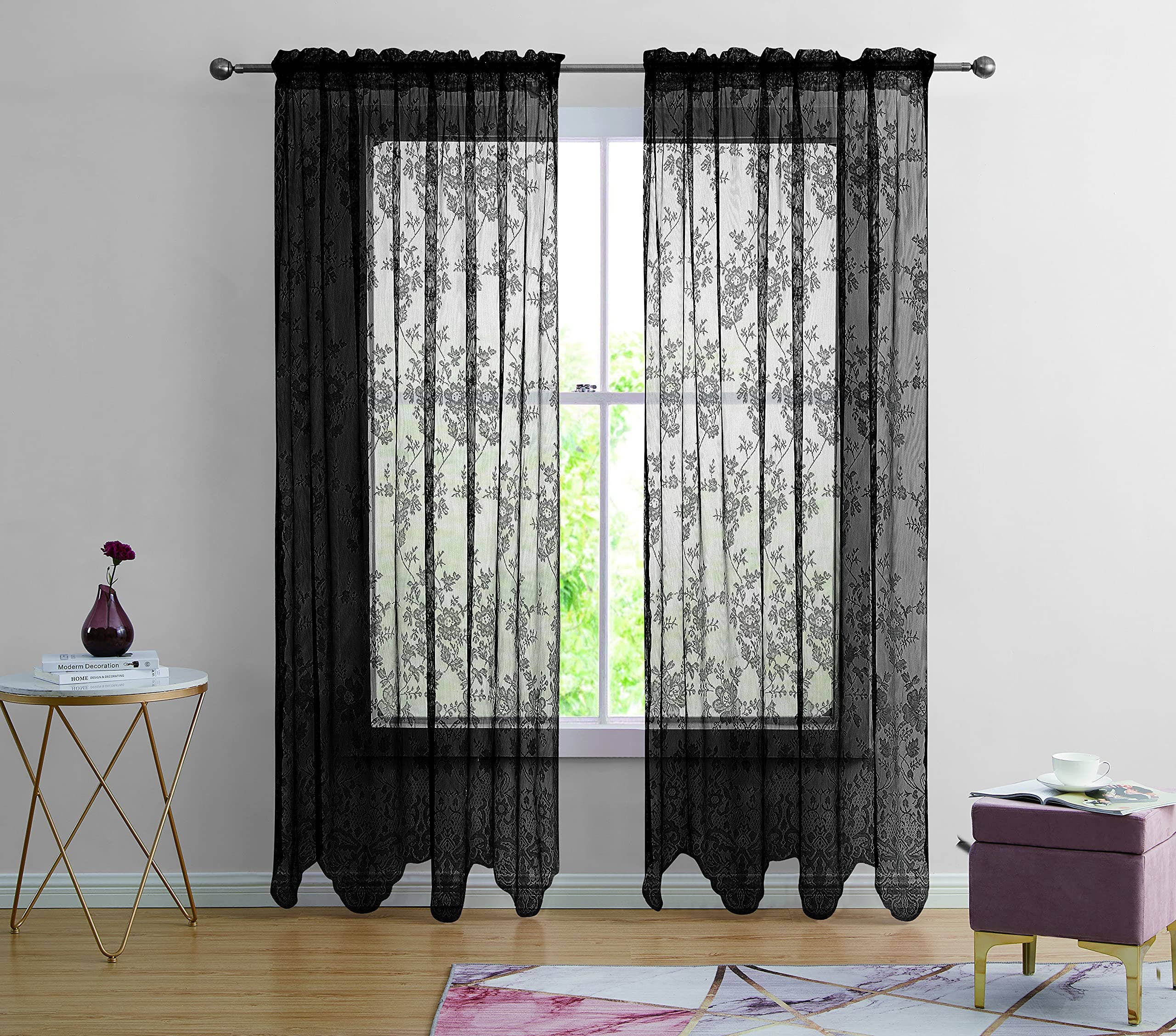 Jenin Home Furnishing Inc - Wholesale Curtain - 2pc Alison Sheer Flower Floral Lace Rod Pocket Curtain Panel13