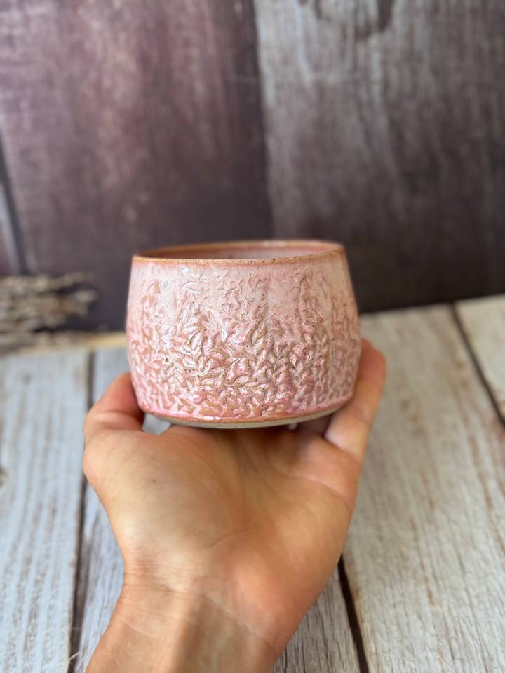 Floral imprinted wonky hug mug in Pink for wholesale by Wolf and Clay Pty Ltd