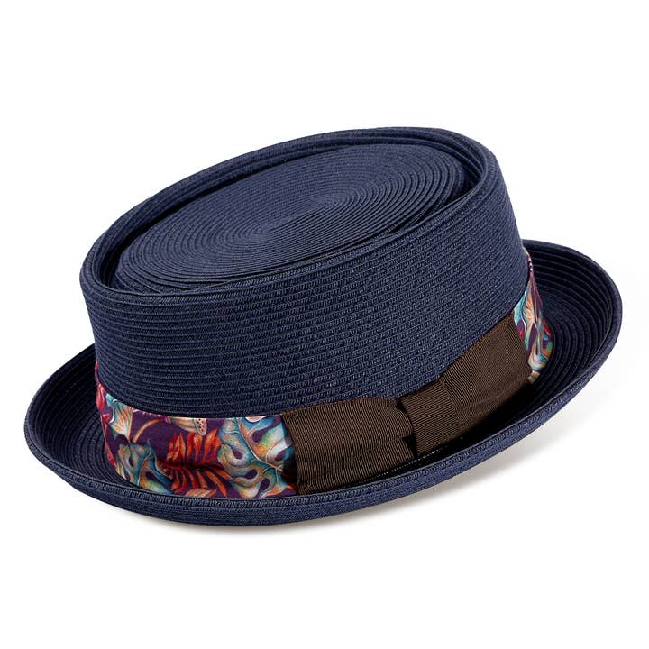 Summer Straw Braid Pork Pie Boater Derby Sun Hats-Blue for wholesale by Ruediger Hats