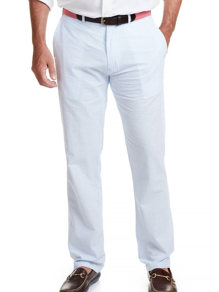Pantalon Harbor Seersucker bleu pour la vente par Castaway Clothing Nantucket Island
