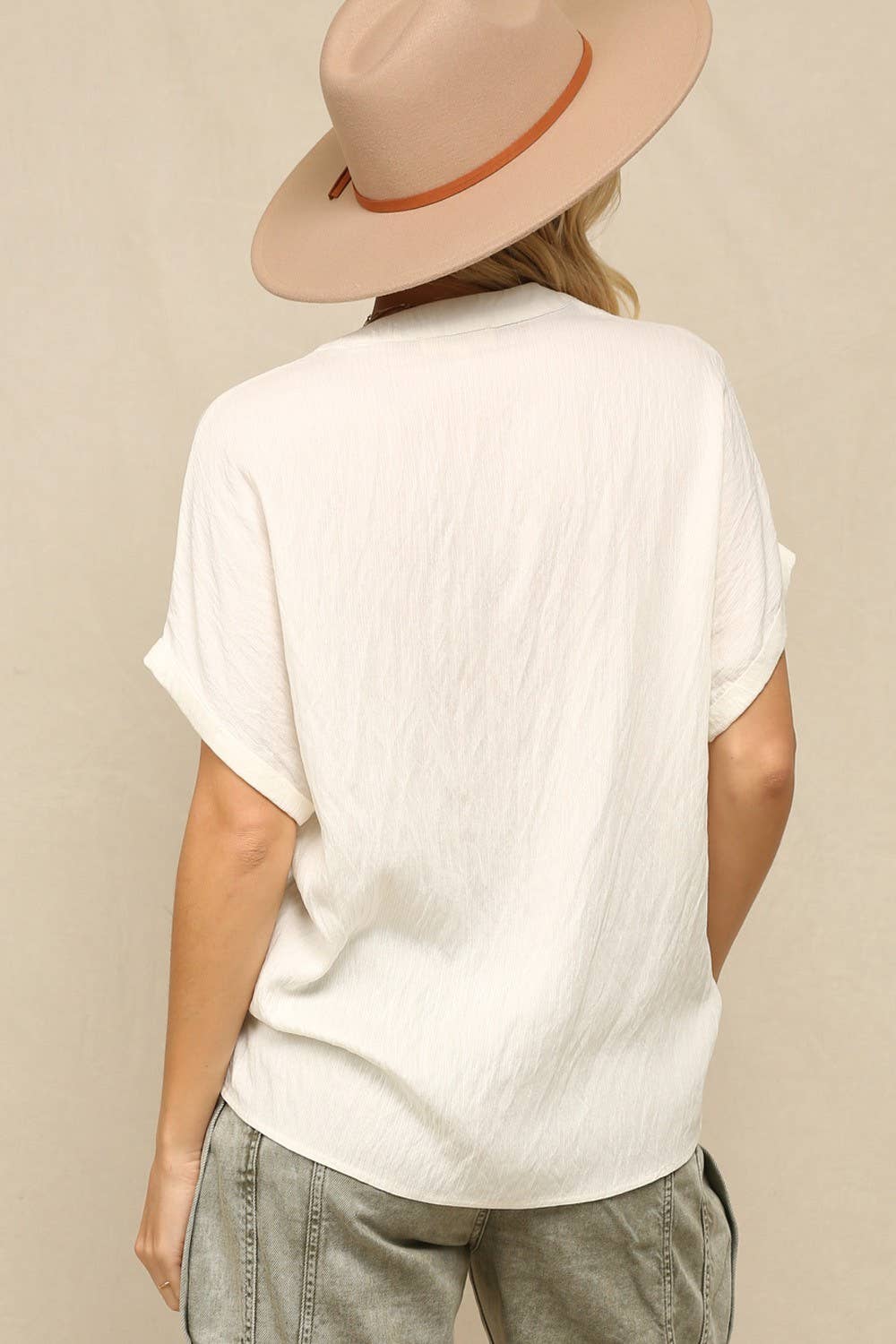 Off White Silk V-Neck Top Wite Rolled Cap Sleeves for wholesale on Faire6