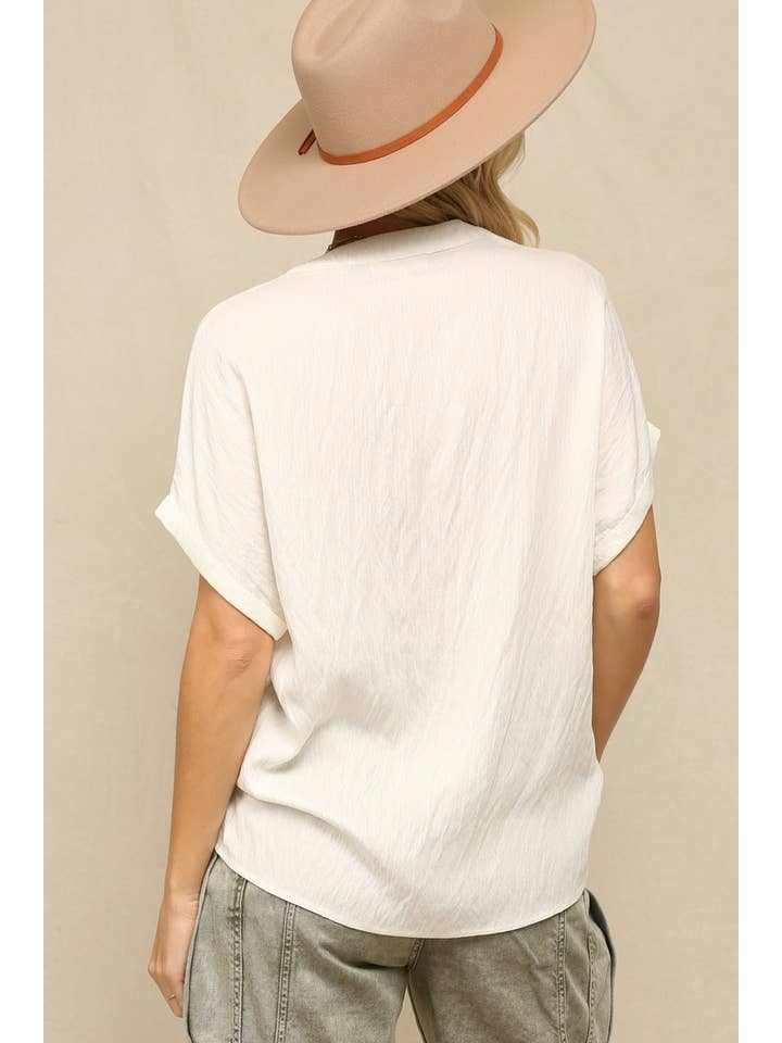 Off White Silk V-Neck Top Wite Rolled Cap Sleeves for wholesale on Faire6