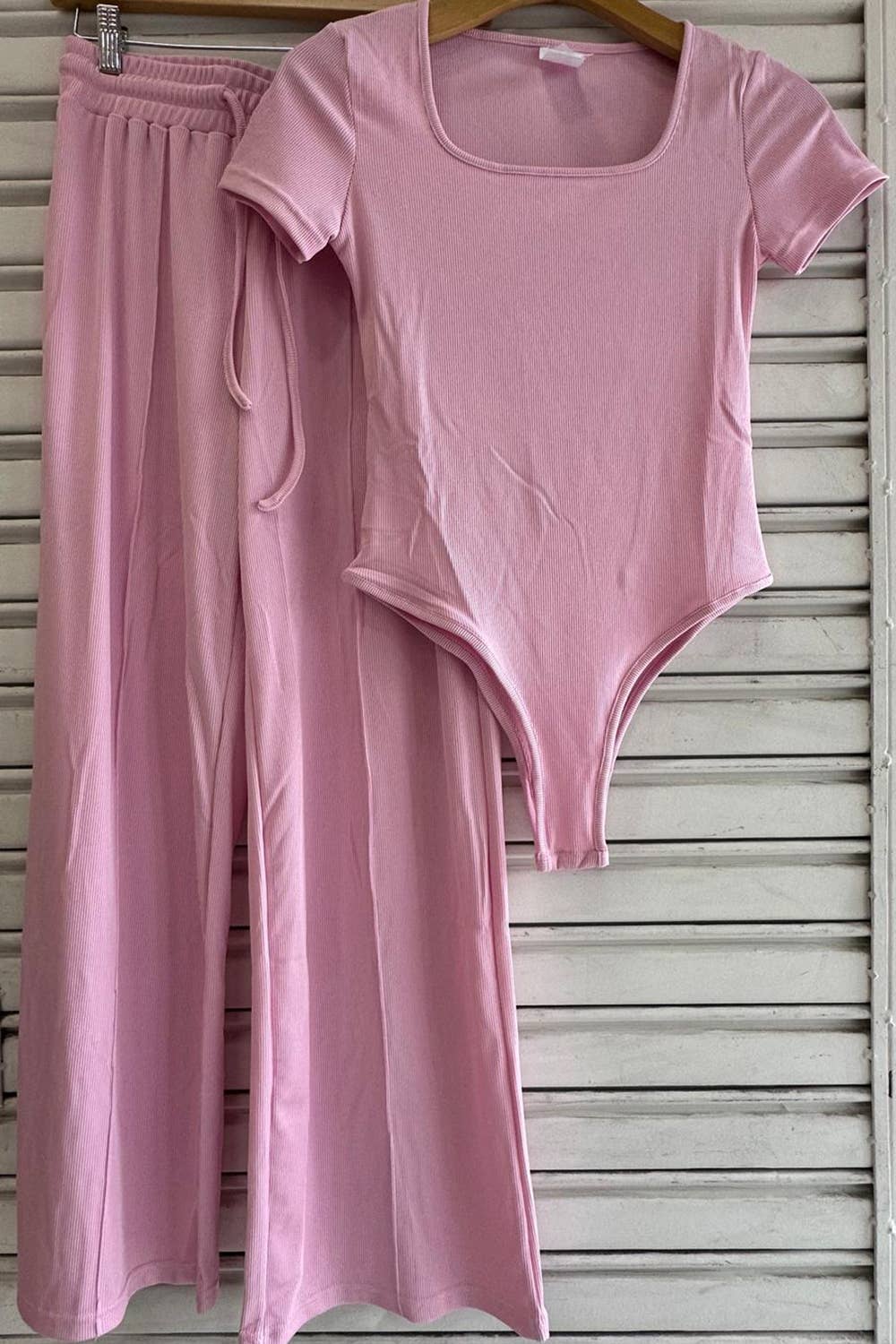 Color 5 - Wholesale Top & Pant Set (NOT Loungewear) - Women's - Slinky short sleeve body suit with flare pants fashion set7