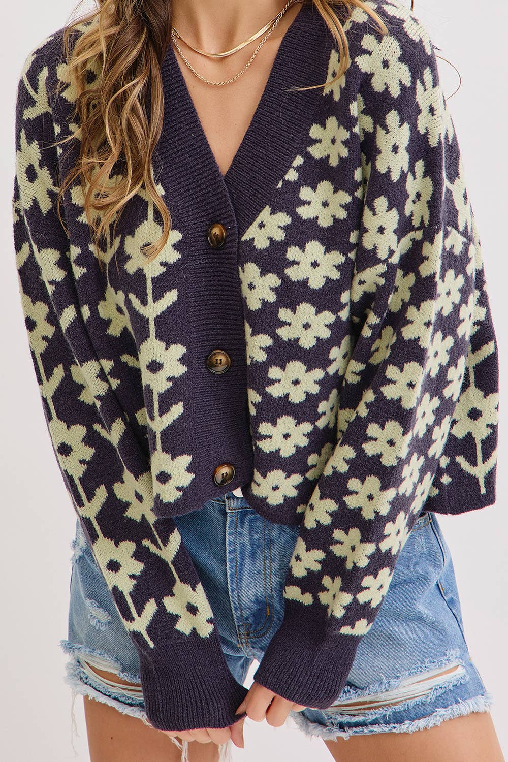 NAVY COZY PLAYFUL CASUAL FLORAL PRINT SWEATER KNIT CARDIGAN for wholesale on Faire5