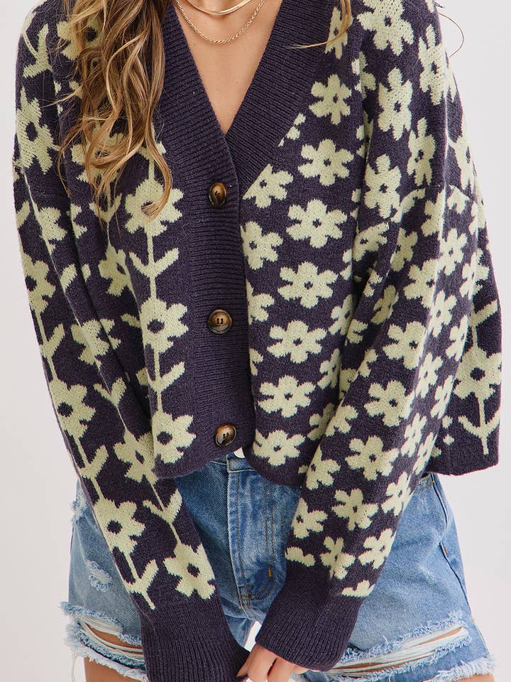 NAVY COZY PLAYFUL CASUAL FLORAL PRINT SWEATER KNIT CARDIGAN for wholesale on Faire5