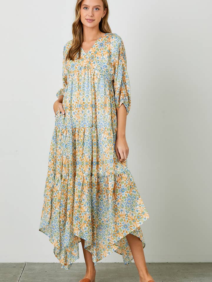 ETHNIC FLORAL PRINT HANKY HEM MAXI DRESS for wholesale by Polagram by Wellmade USA