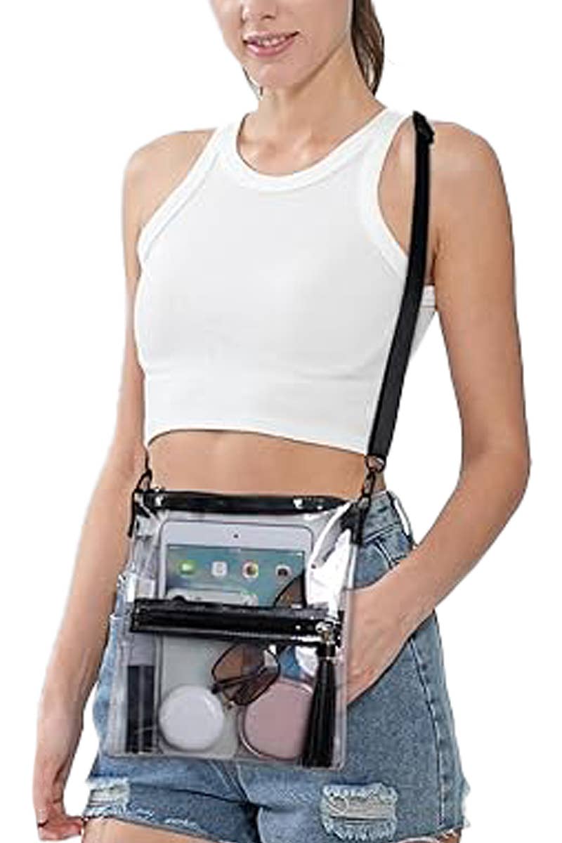 KLAR/SCHWARZ Strapazierfähige transparente PVC-Umhängetasche für den Großhandel auf Faire4