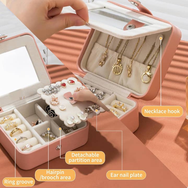 wandf - Wholesale Jewellery box/organiser - Soft Leather Jewelry Organizer Travel Case with Mirror Trip9