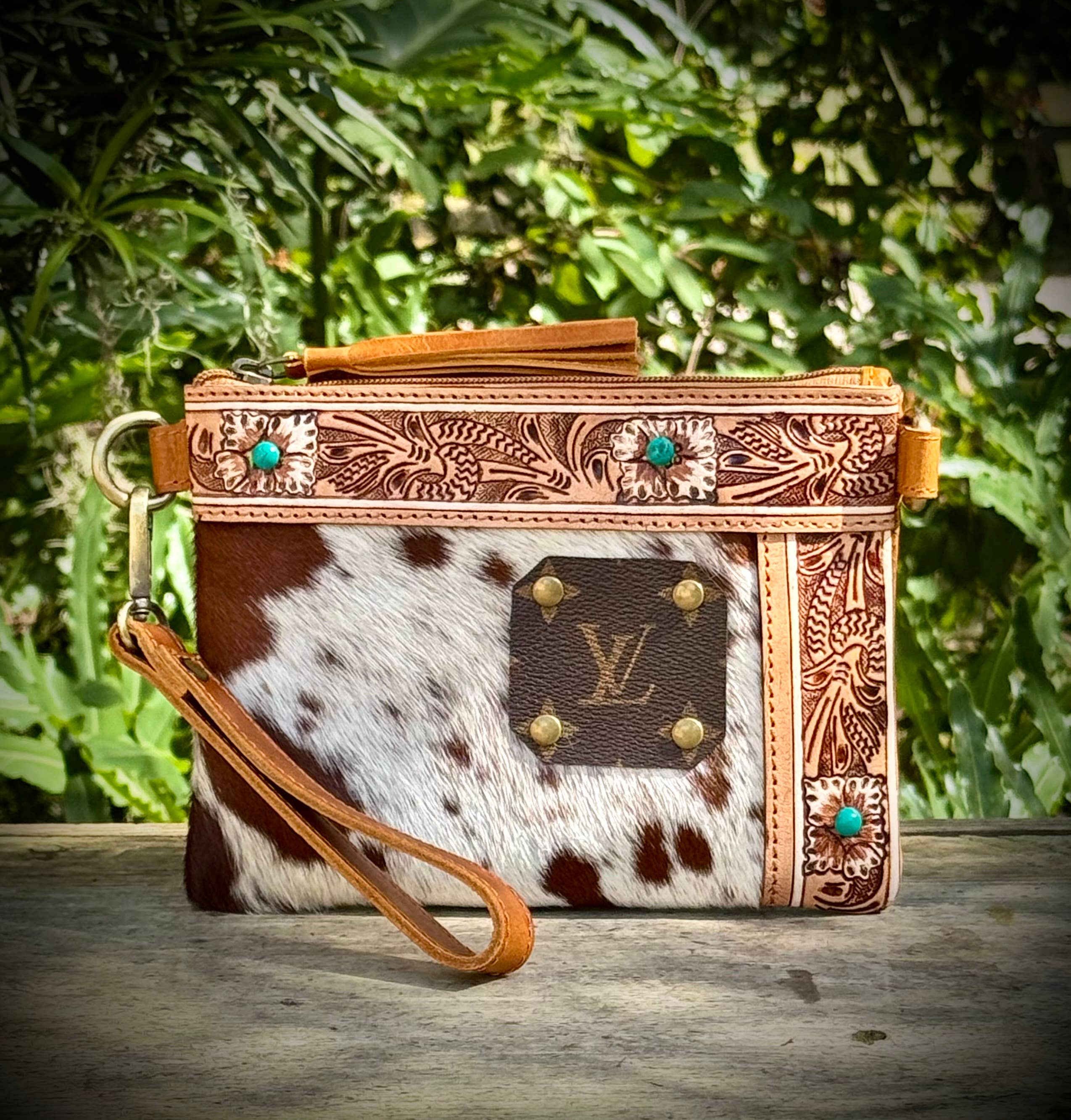 Southern Junkie Gypsy Boutique - Wholesale Crossbody Bag - Women's - Upcycled LV Cowhide Leather Wristlet Crossbody Bag Western 0