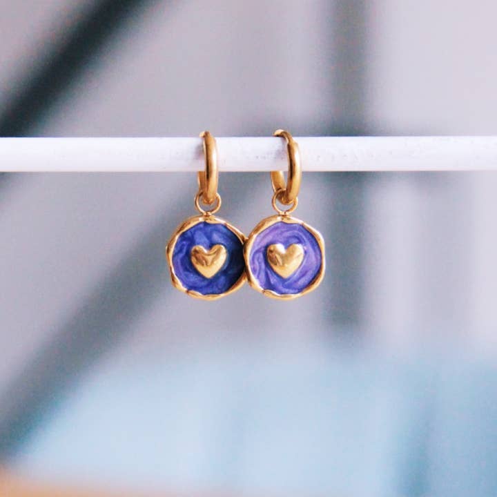Stainless steel hoop earrings with round heart charm- purple for wholesale by Bazou