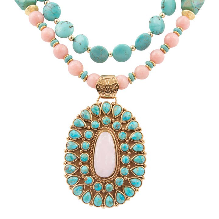 Collier imposant doré « Cactus Rose » en opale rose et turquoise bleue pour la vente par Barse Jewelry
