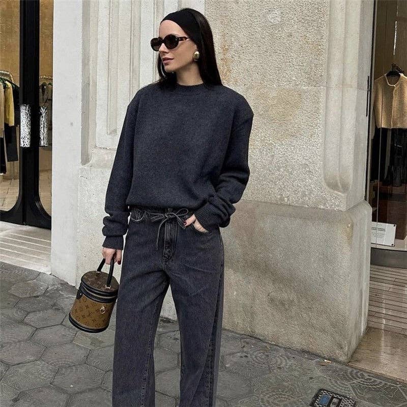 UZ Wholesale Store - Vente Pull en maille – femme - Pull ample à col rond de couleur unie5