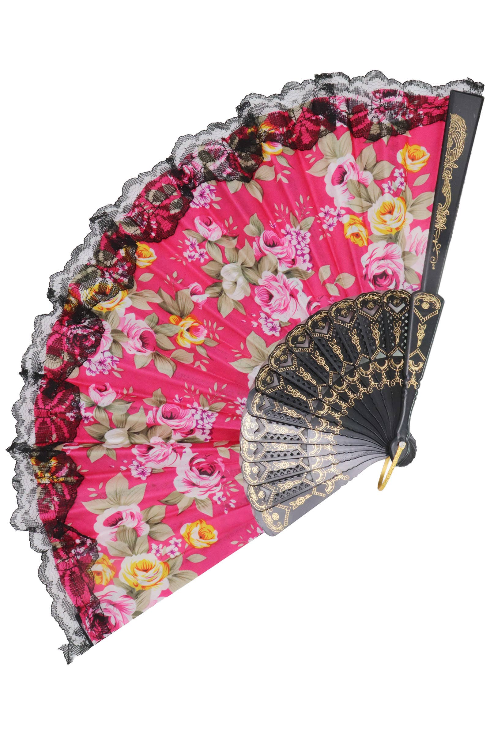 Assorted Rose Black Lace Trim Hand-held Folding Fan for wholesale on Faire5