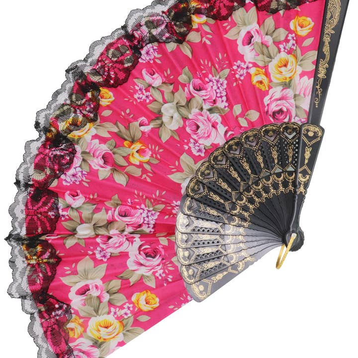 Assorted Rose Black Lace Trim Hand-held Folding Fan for wholesale on Faire5