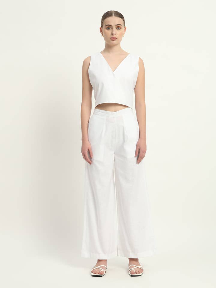 Conjunto de Pantalones - Superposición de Lino Blanco con Cuello en V para venta al por mayor de Thevasa