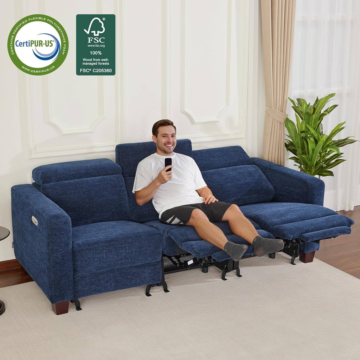 Navy Blue Zero Wall Hugger Power Reclining Sofa USB Ports for wholesale on Faire1