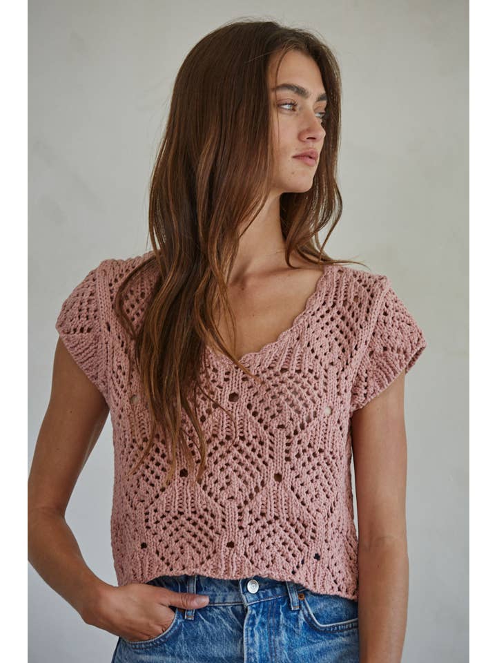 By Together - Wholesale Knit Top - Women's - W2030 | Knit Sweater Cotton Crochet V-Neck Cap Sleeve Top