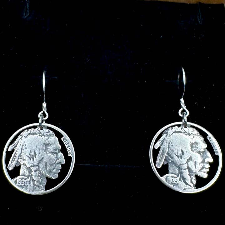 U.S. Buffalo Nickel Hand Cut Coin Earrings (Front) for wholesale by Mountainstruck Coin Rings and Jewelry