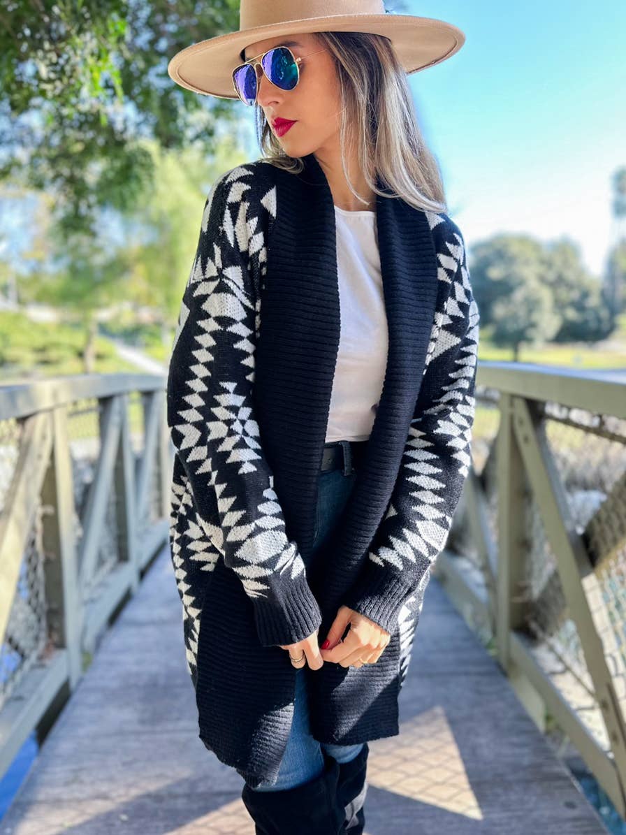 Black Aztec Printed Lightweight Cardigan with Pockets for wholesale on Faire2