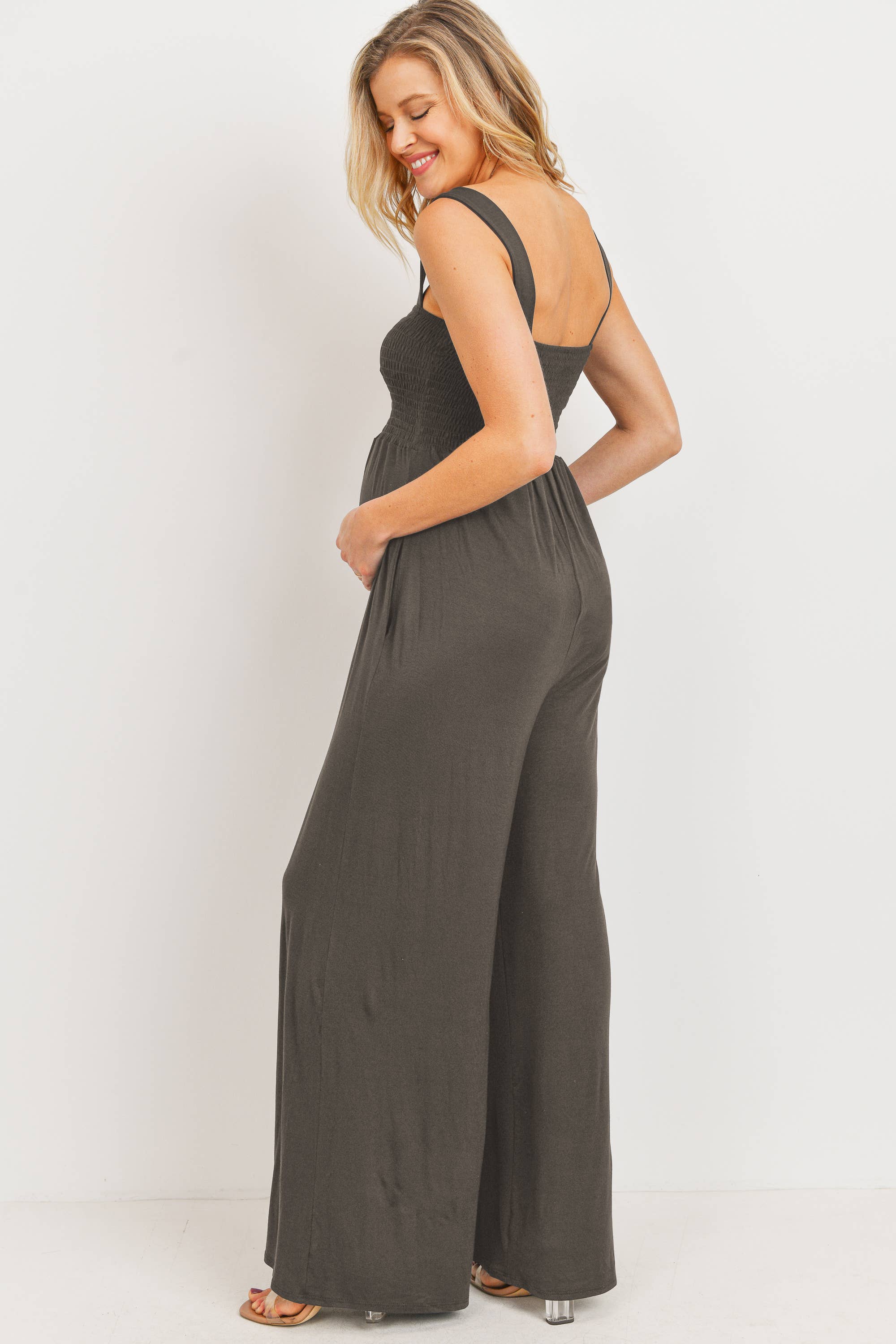 Hello Miz - Wholesale Lounge Romper - Maternity - Sleeveless Smocked Maternity Wide Leg Jumpsuit 3